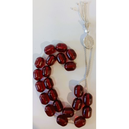 Κομπολόι από ασήμι 925 με χάντρες από κεχριμπάρι φατουράν χρώματος κόκκινου (KOM16)